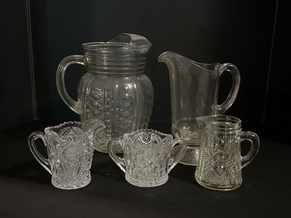 Clear Pressed Glass Pitchers, Creamers, and Sugar Bowl