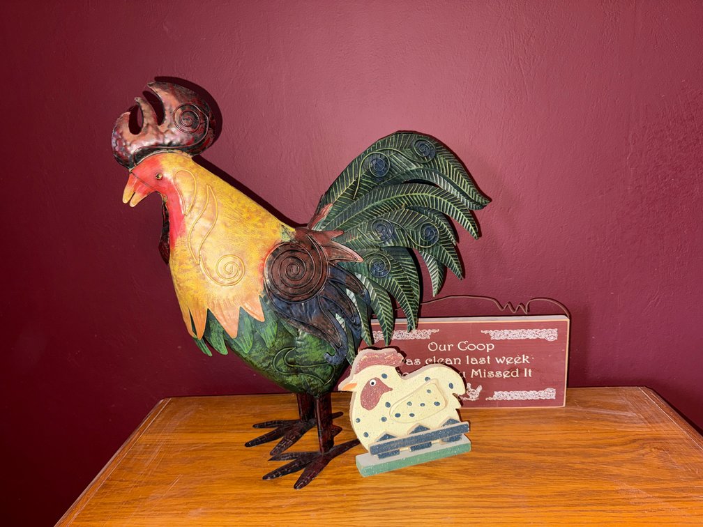 Metal Rooster Sculpture, Wooden Sign, and Chicken Figurine