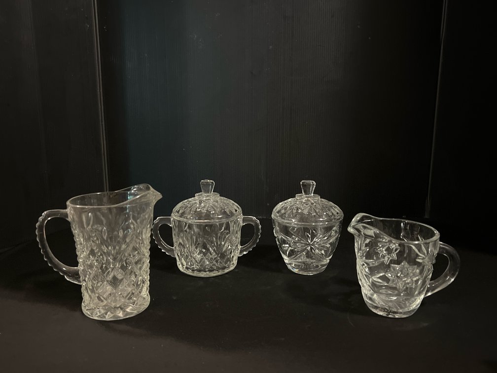 Clear Pressed Glass Creamers and Covered Bowls