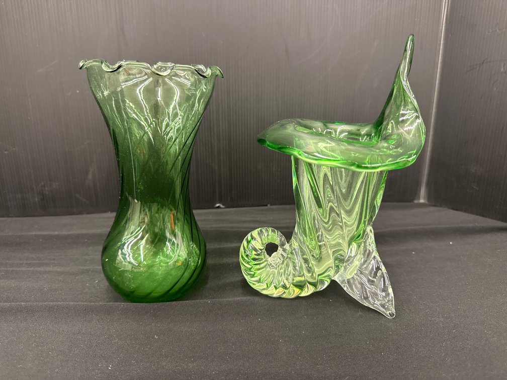 Green Art Glass Cornucopia and Ruffled Swirl Vases