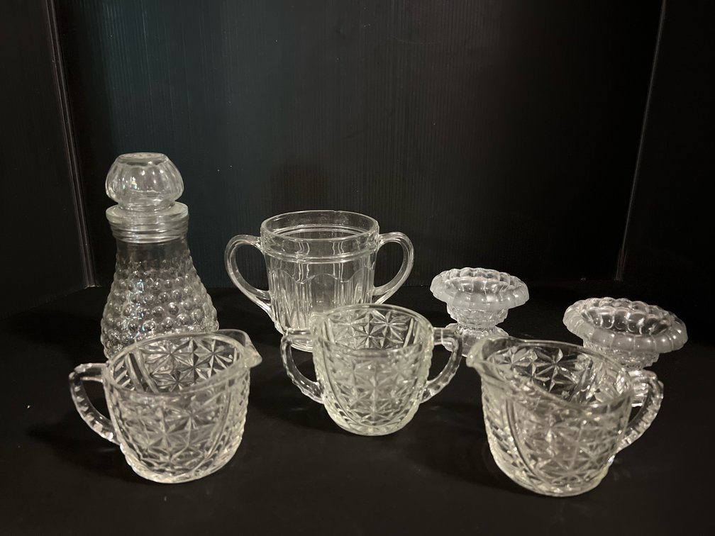 Clear Pressed Glass Hobnail Bottle, Creamers, and Tableware