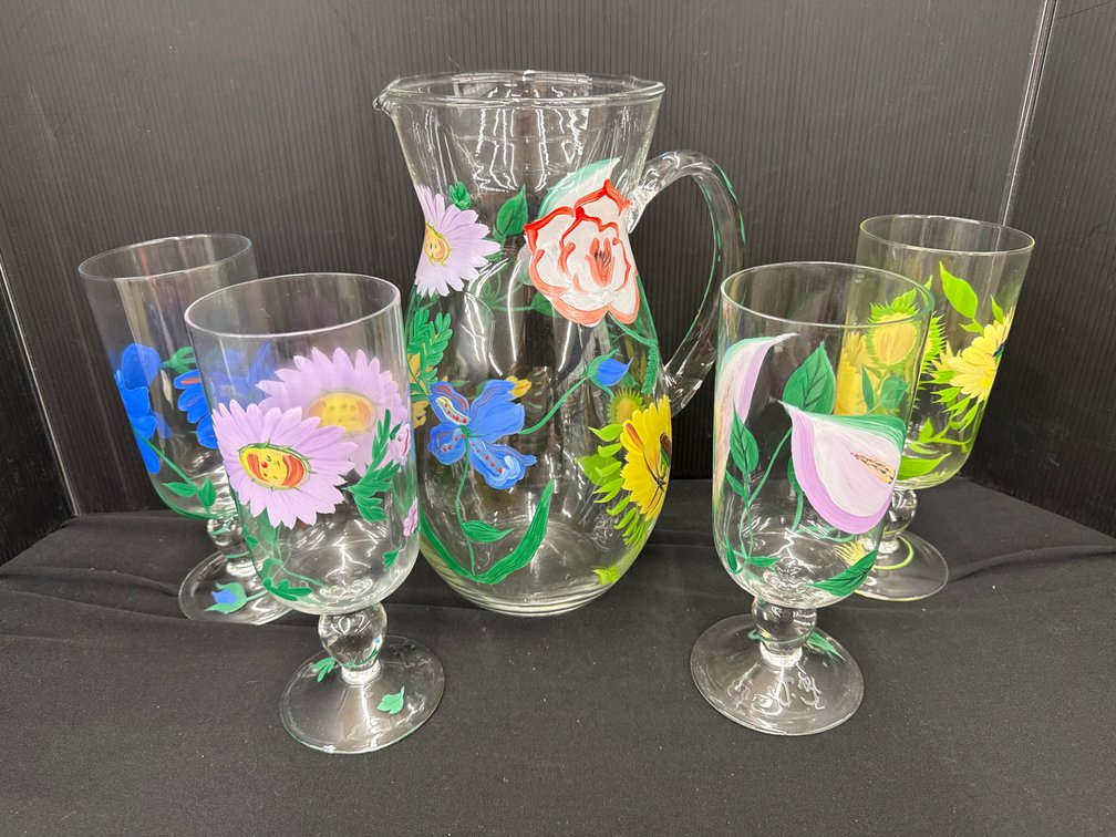 Hand-Painted Floral Glass Pitcher and Stemmed Glasses, Set of 5
