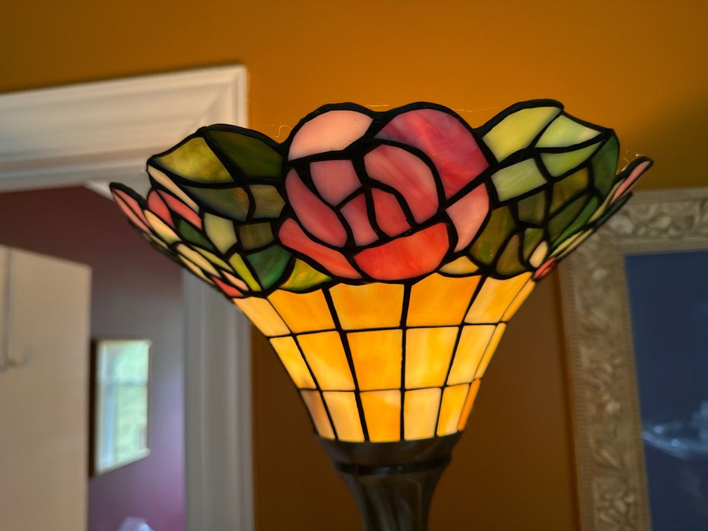 Stained Glass Rose Motif Torchiere Floor Lamp