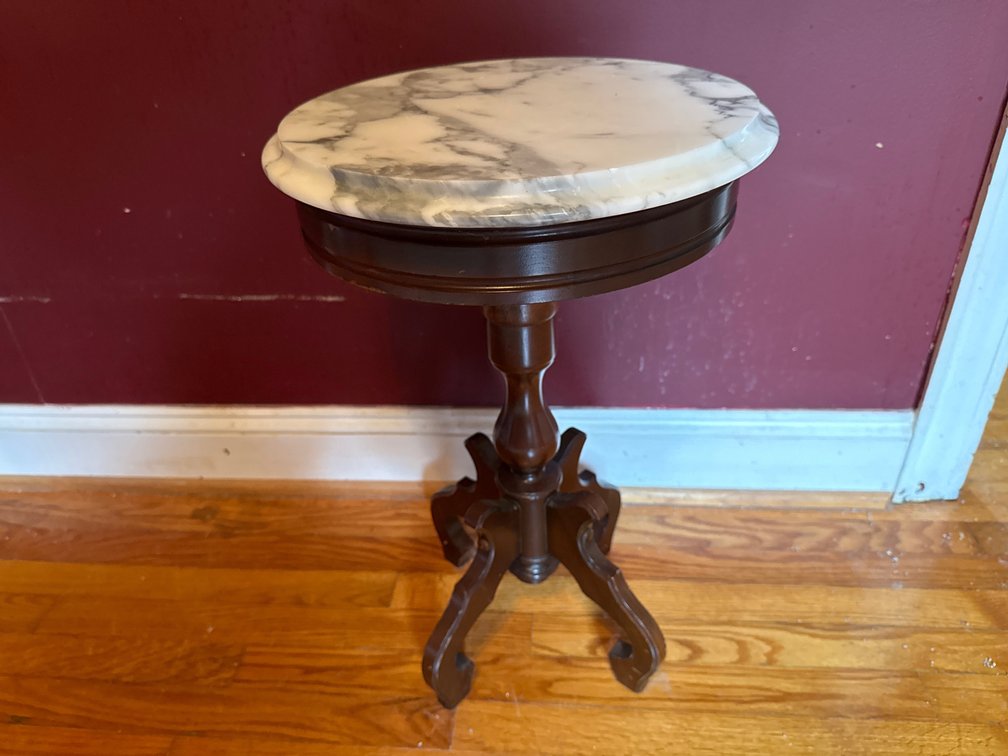 Round Marble-Top Turned Wood Pedestal Side Table