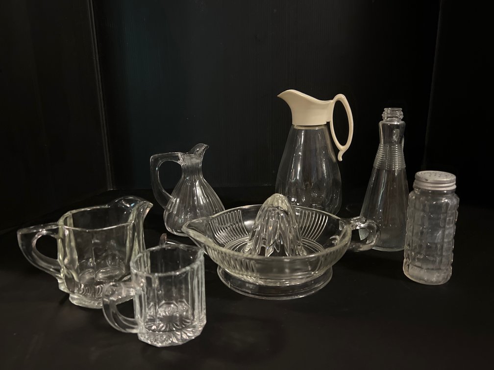 Clear Glass Citrus Juicer, Cruets, Creamers