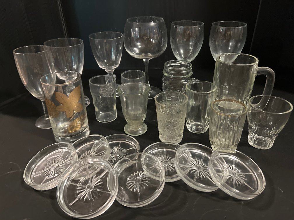 Clear Glass Stemware, Drinkware, and Coasters
