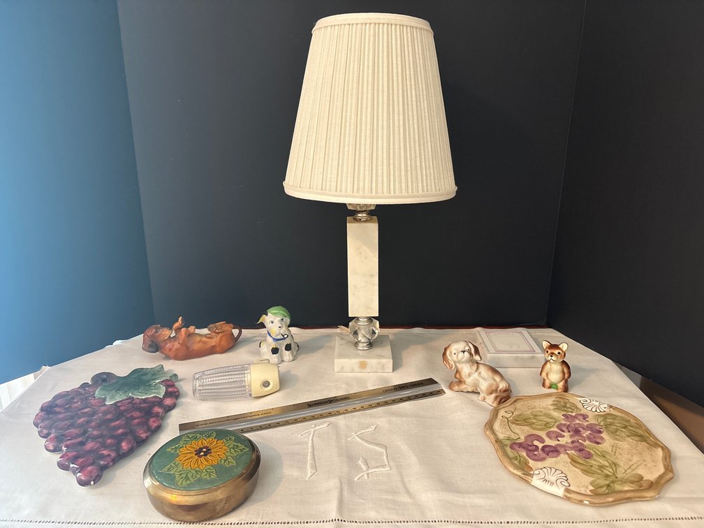 Marble Table Lamp, Ceramic Figurines, Brass Coasters, and More