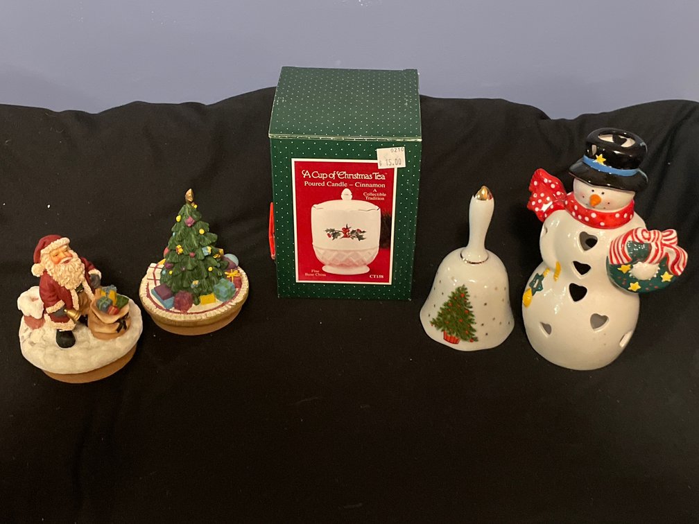 Christmas Figurines, Snowman Luminary, Candle, and Bell