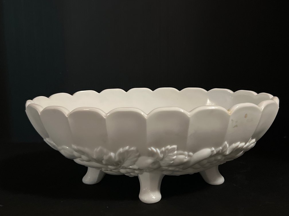 White Milk Glass Oval Footed Bowl with Embossed Fruit