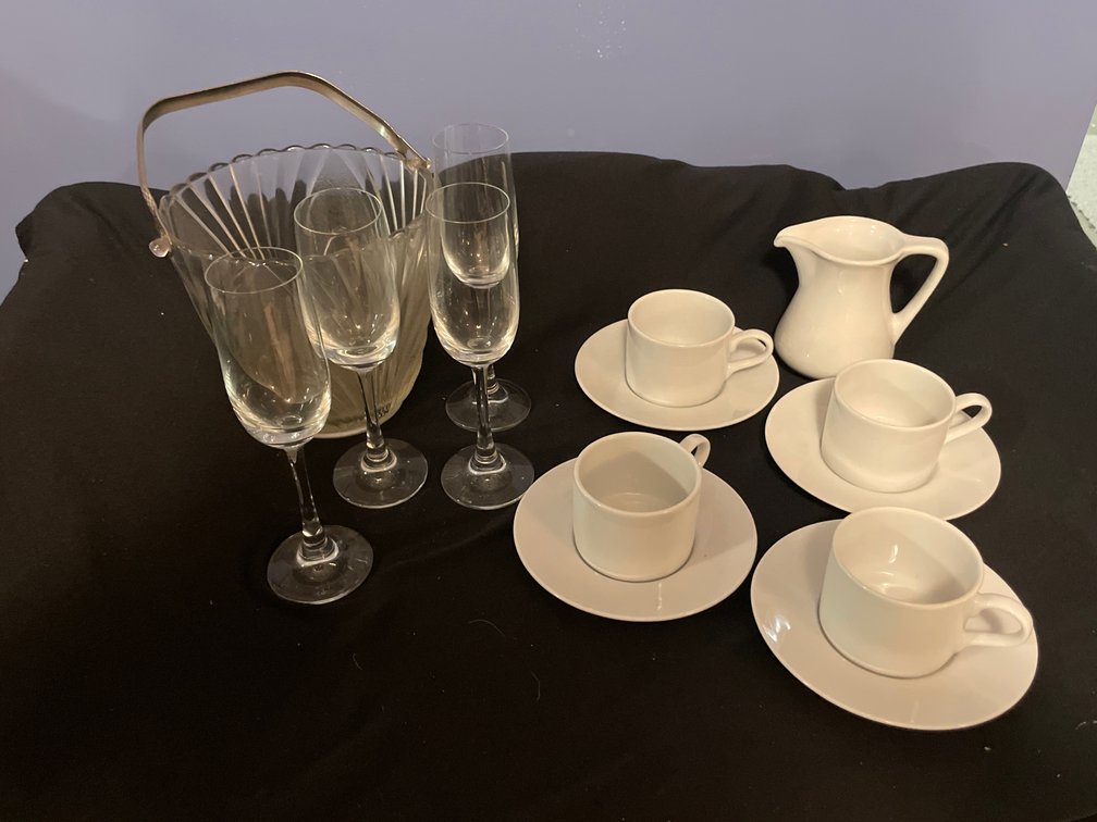 Glass Ice Bucket, Champagne Flutes, and Ceramic Tea Service
