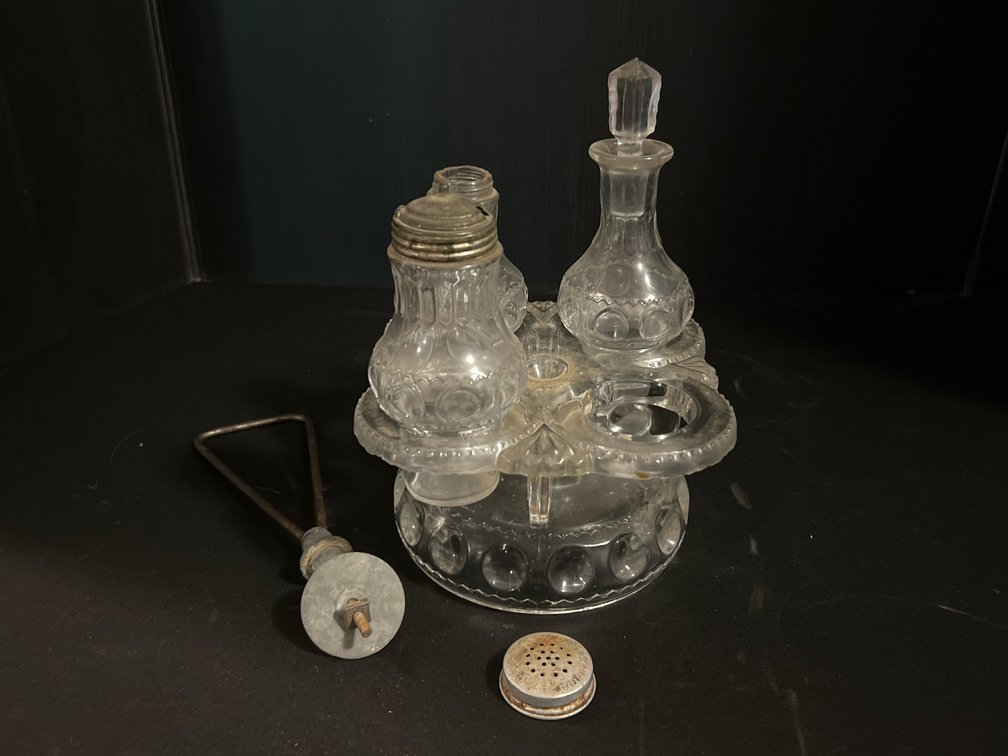 Clear Pressed Glass Castor Set with Stand and Bottles