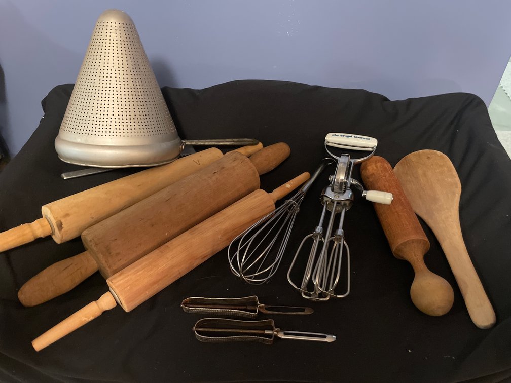 Kitchen Utensils with Rolling Pins, Chinois, and Egg Beater