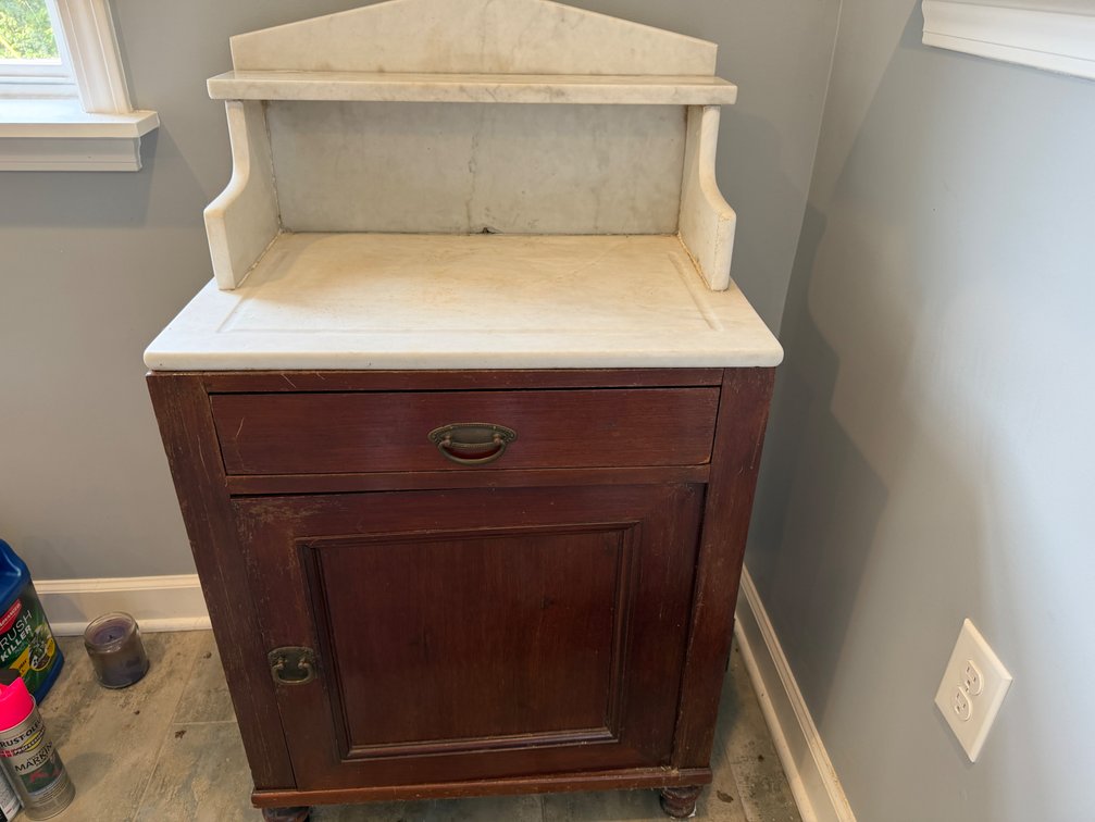 Marble-Top Wood Washstand Cabinet with Tiered Shelf