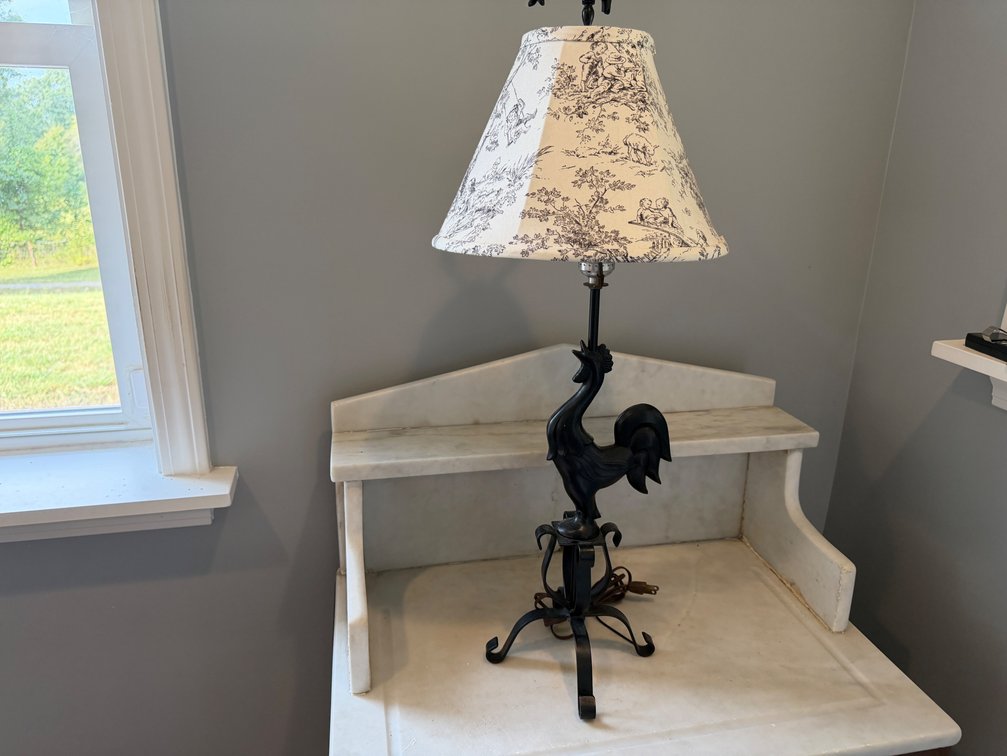 Black Metal Rooster Table Lamp with Toile Shade