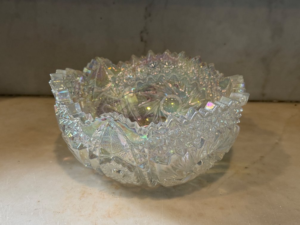 Iridescent Pressed Glass Bowl with Sawtooth Rim