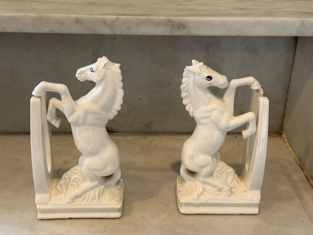 White Glazed Ceramic Rearing Horse Bookends