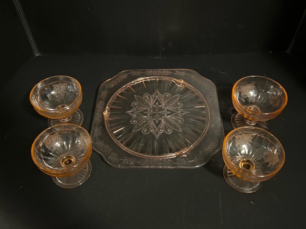 Pink Depression Glass Platter and Four Sherbet Cups
