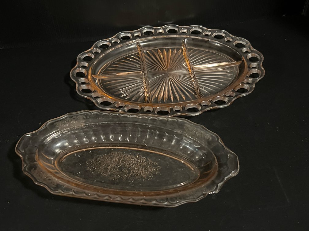 Pink Glass Divided Relish Tray and Oval Dish