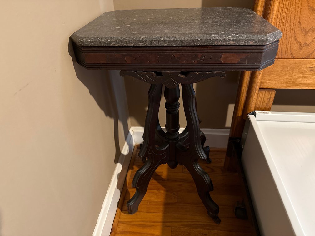 Dark Wood Pedestal Accent Table with Stone Top