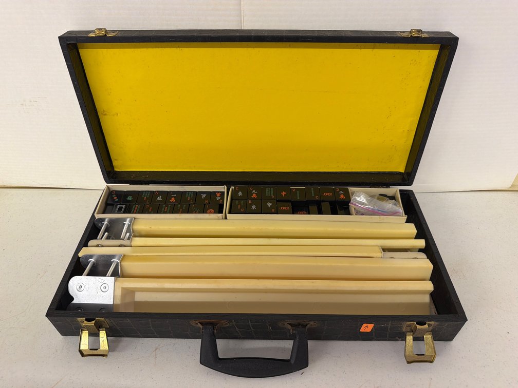 Mahjong Set with Black Tiles and Carrying Case