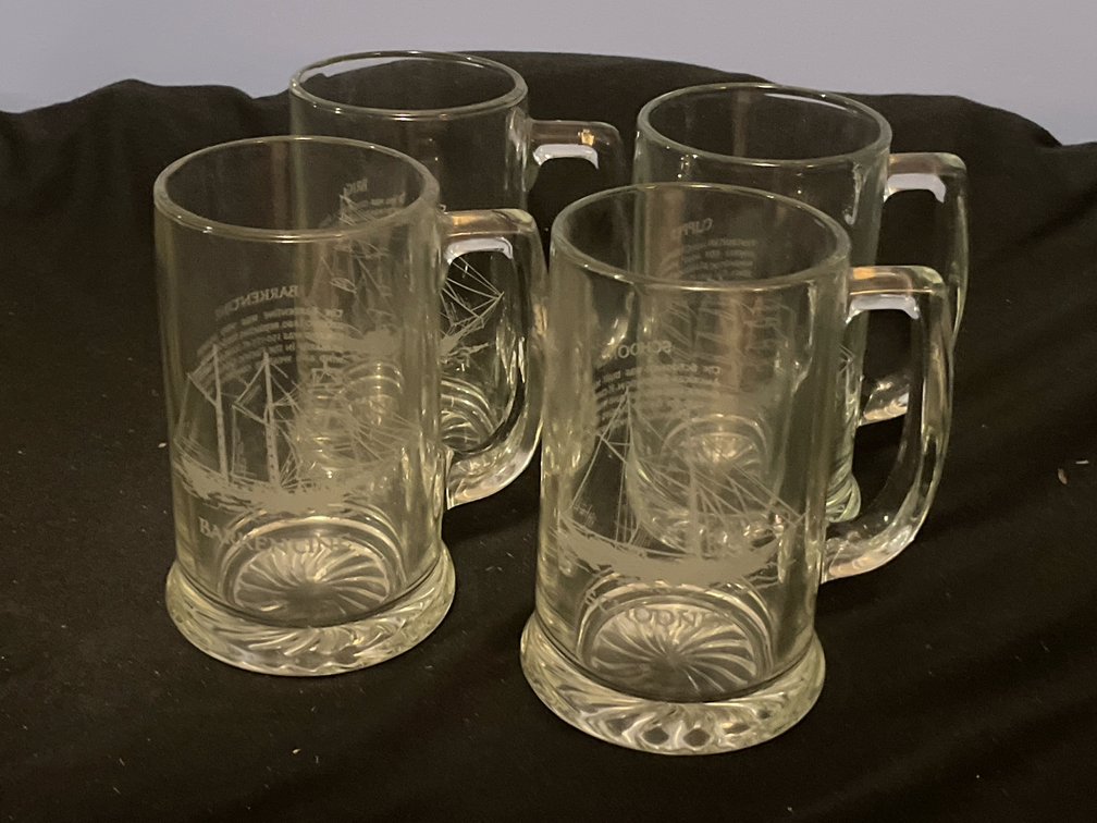 Etched Glass Sailing Ship Beer Mugs, Set of 4