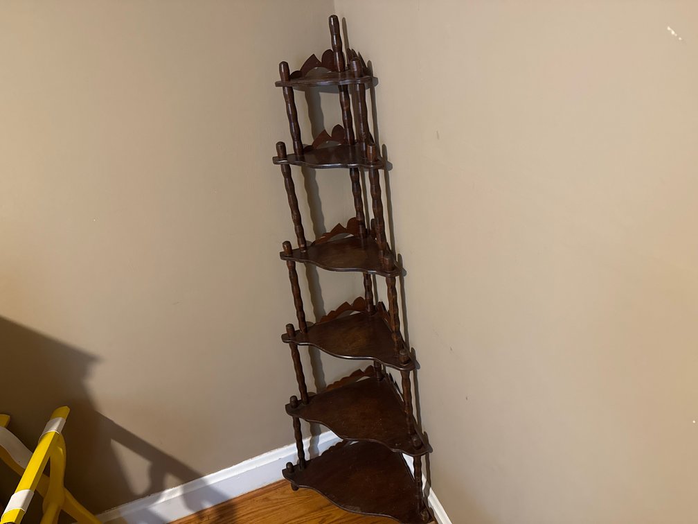 Dark-Stained Wood Six-Tier Corner Whatnot Shelf