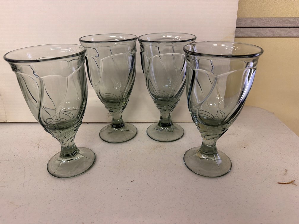 Smoky Gray-Green Pressed Glass Stemmed Goblets
