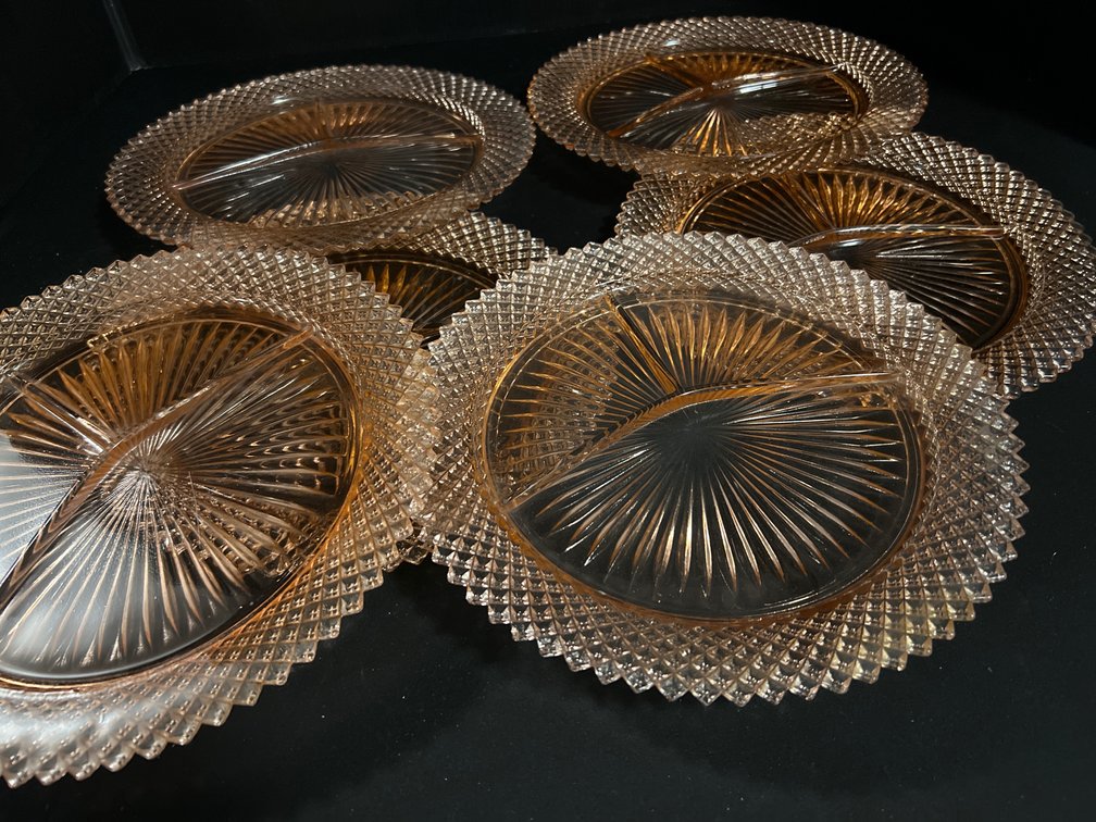 Set of Six Amber Pressed Glass Divided Plates