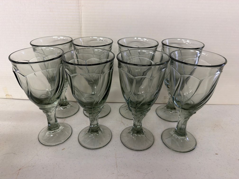 Smoky Green Pressed Glass Stemmed Goblets