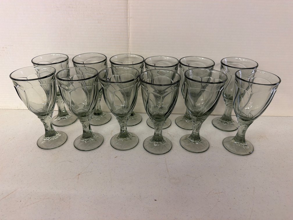 Smoky Gray-Green Pressed Glass Stemmed Goblets