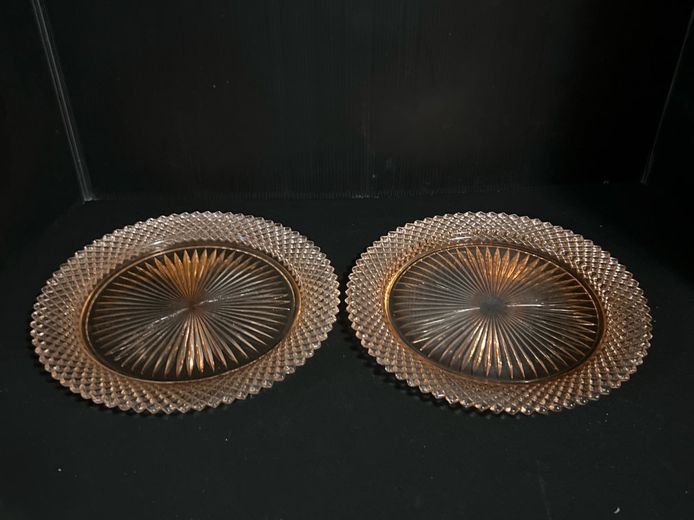 Pink Pressed Glass Sunburst and Diamond Point Plates