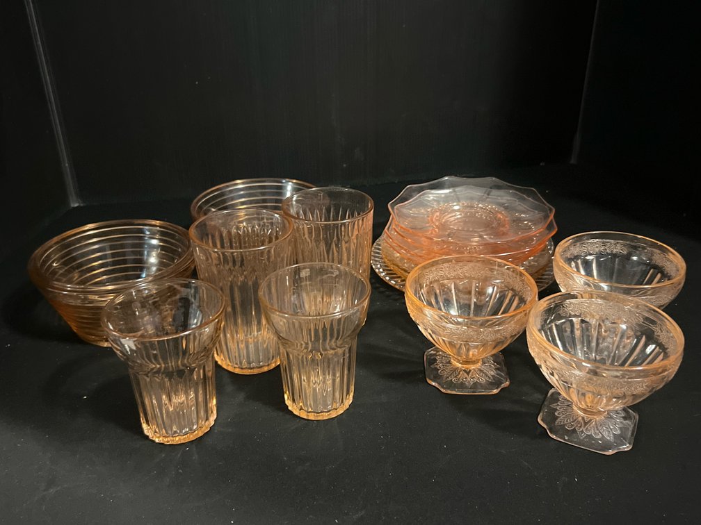 Pink Pressed Glass Dishes, Tumblers, and Plates