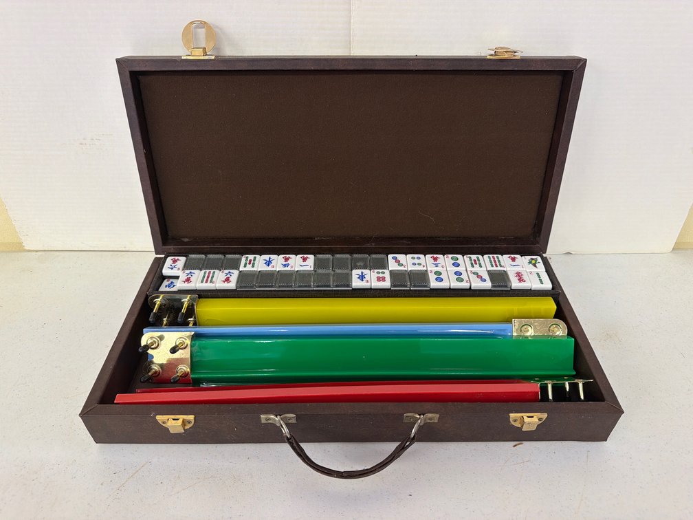 Mahjong Game Set with Four Racks and Carrying Case