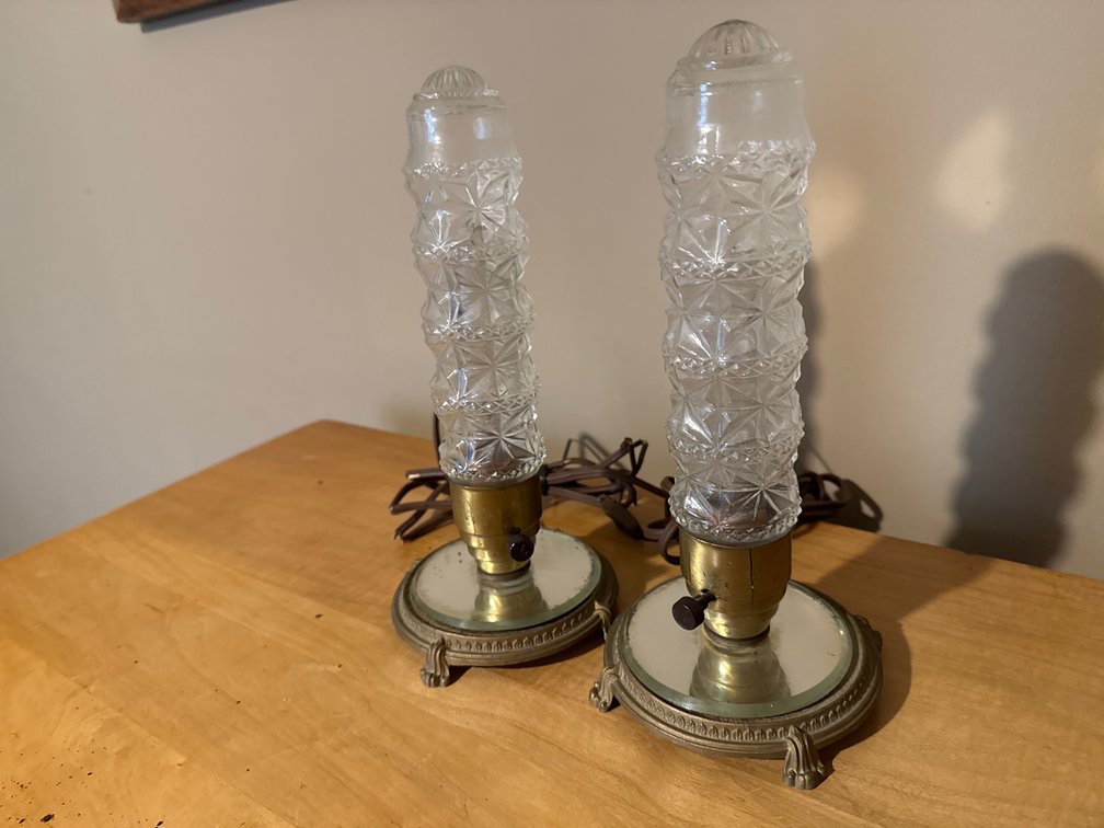 Pair of Pressed Glass Boudoir Lamps with Mirrored Bases