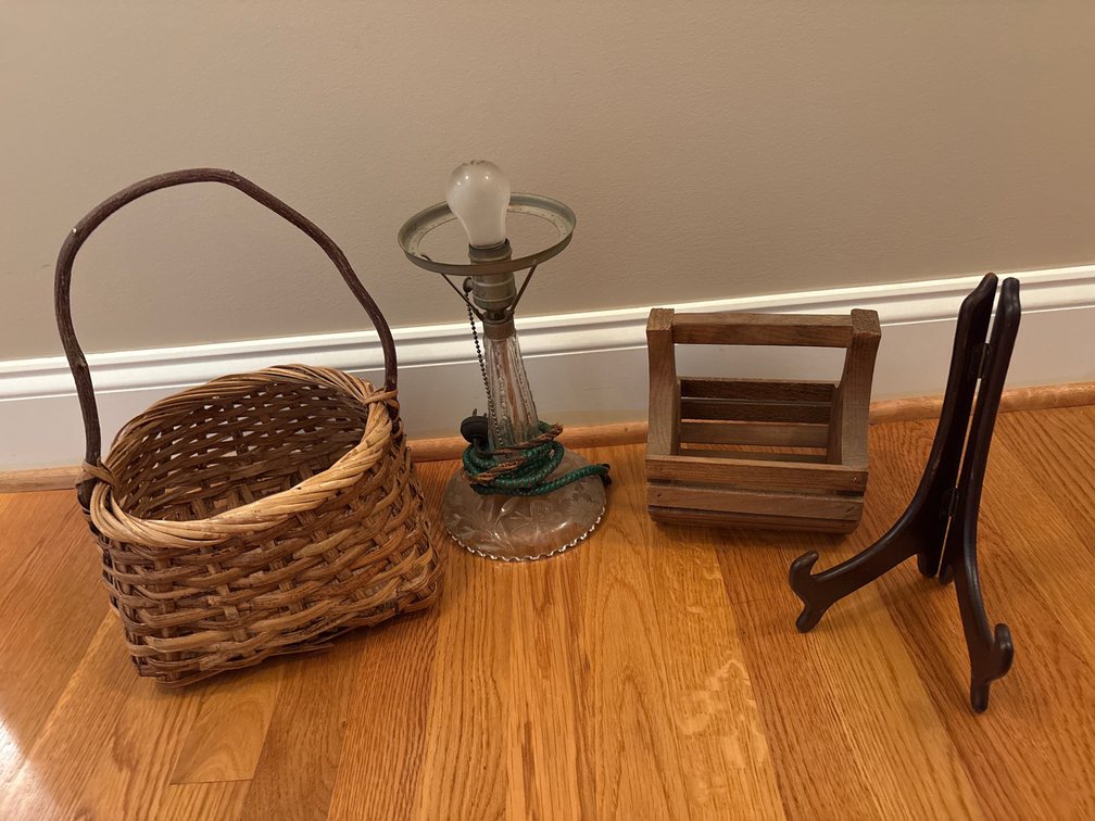 Glass Table Lamp, Woven Basket, Wood Caddy, and Folding Easel