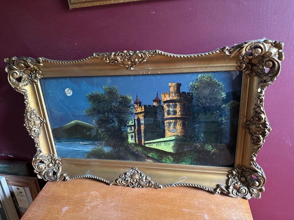 Framed Nocturnal Castle Artwork in Ornate Gold-Tone Frame