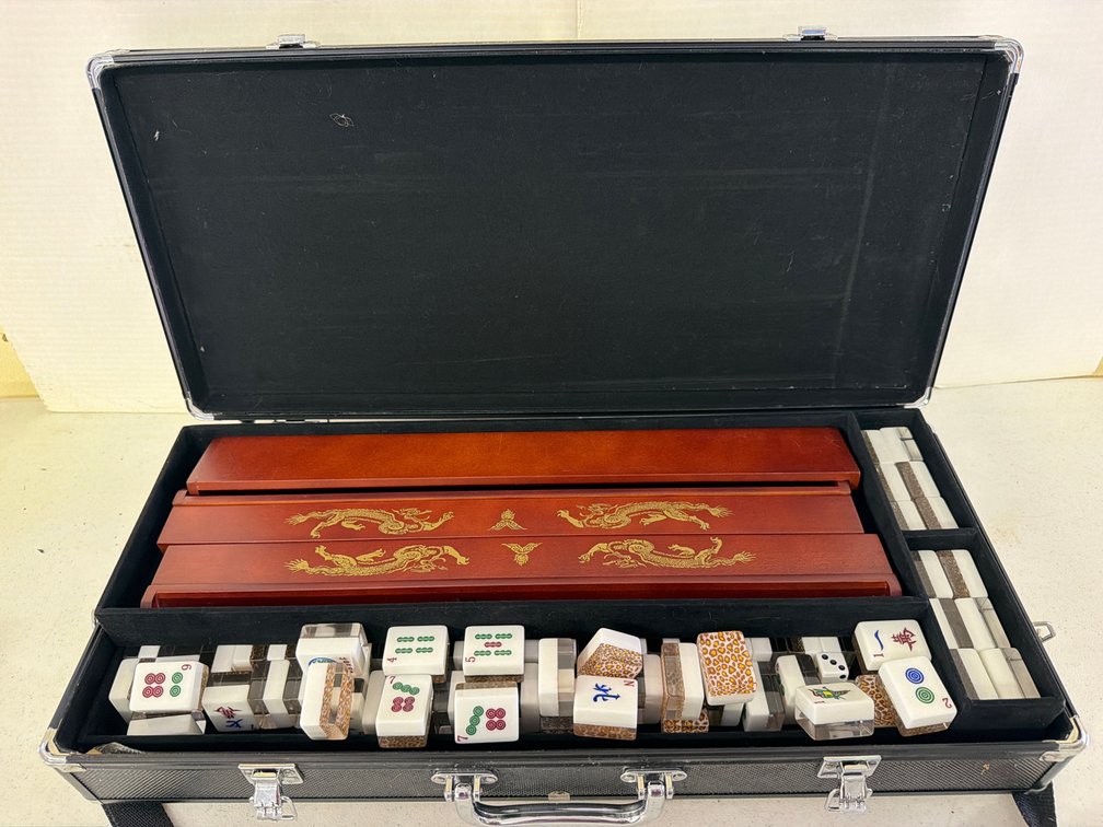 Mahjong Set with Leopard Print Tiles and Wooden Racks
