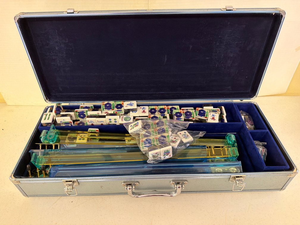 Mahjong Set with Floral-Back Tiles and Carrying Case