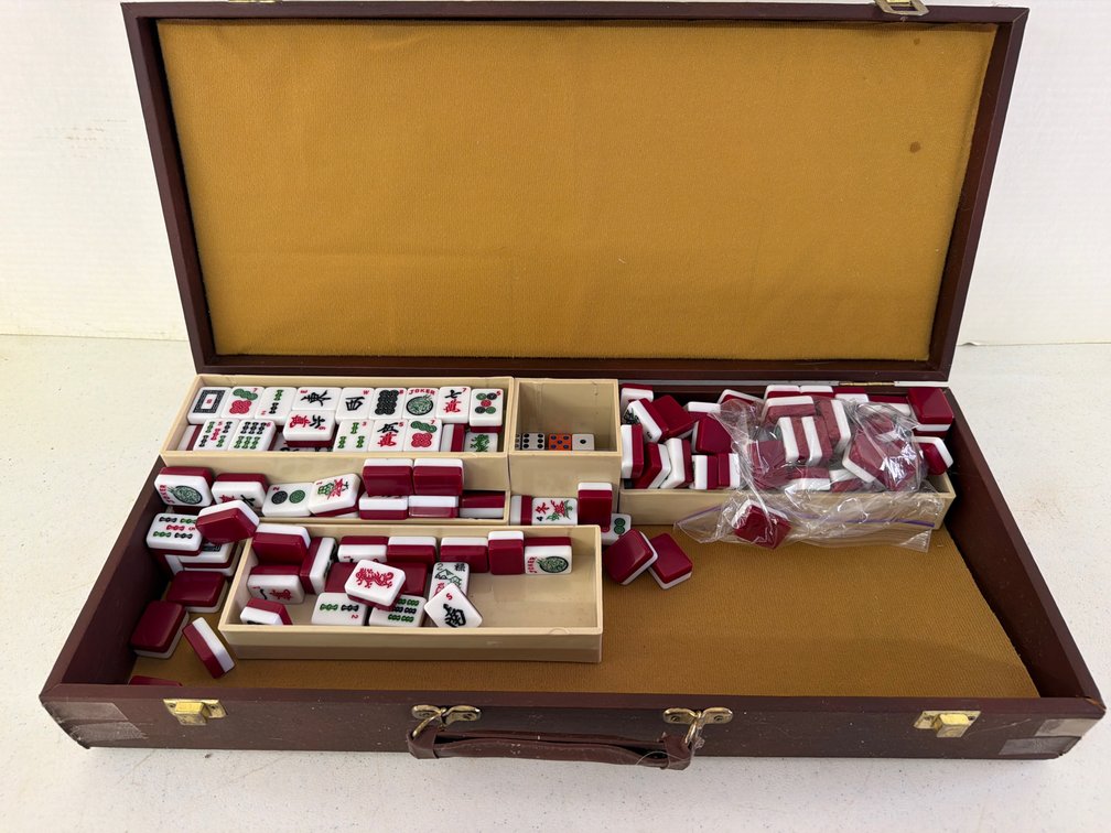 Mahjong Set with Two-Tone Tiles and Carrying Case