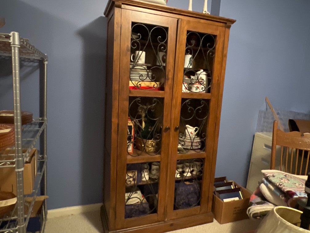 Wood Display Cabinet with Wrought Iron Scrollwork Doors