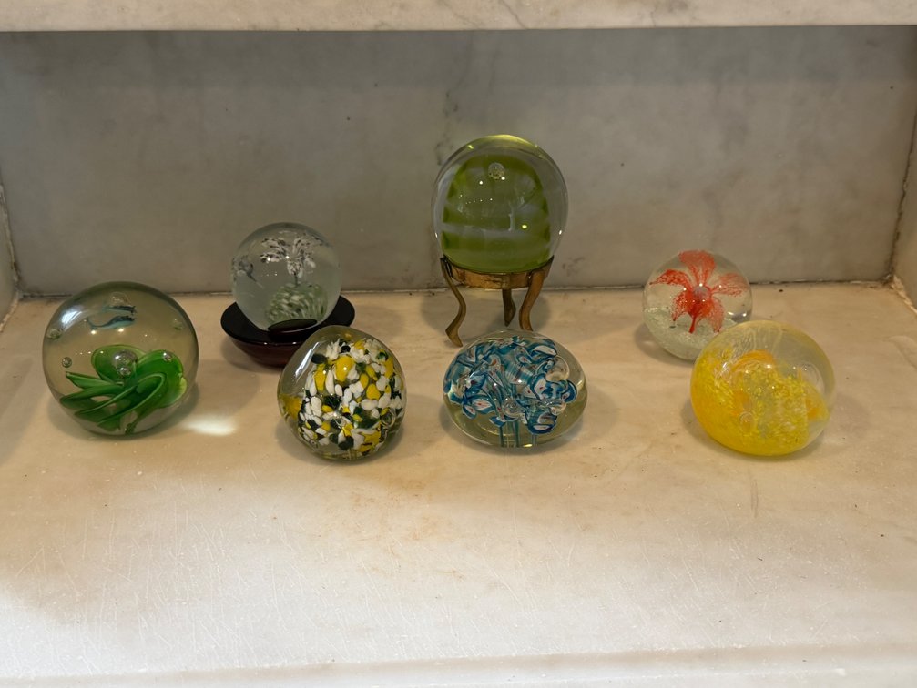 Seven Art Glass Paperweights with Display Stands