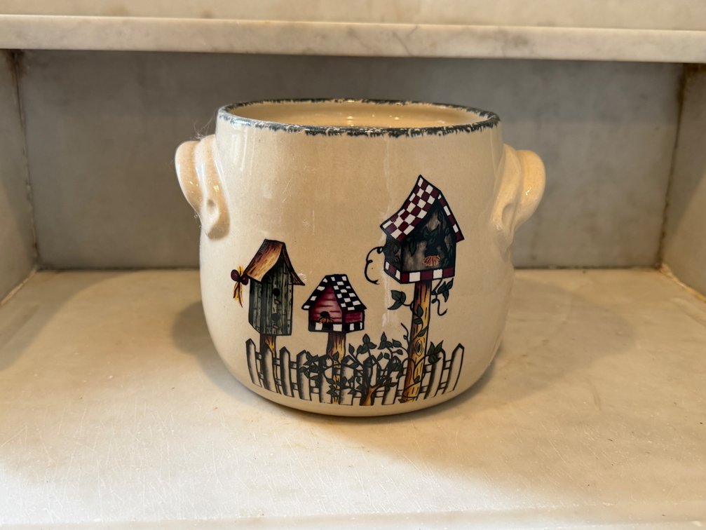Home & Garden Party Stoneware Crock with Birdhouse Motif