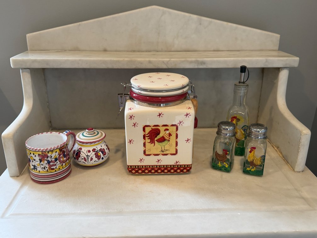 Ceramic Rooster Canister, Tableware, and Glass Cruet Set
