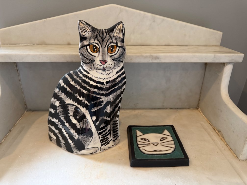 Ceramic Cat Figurine, Vessel, and Wall Plaque