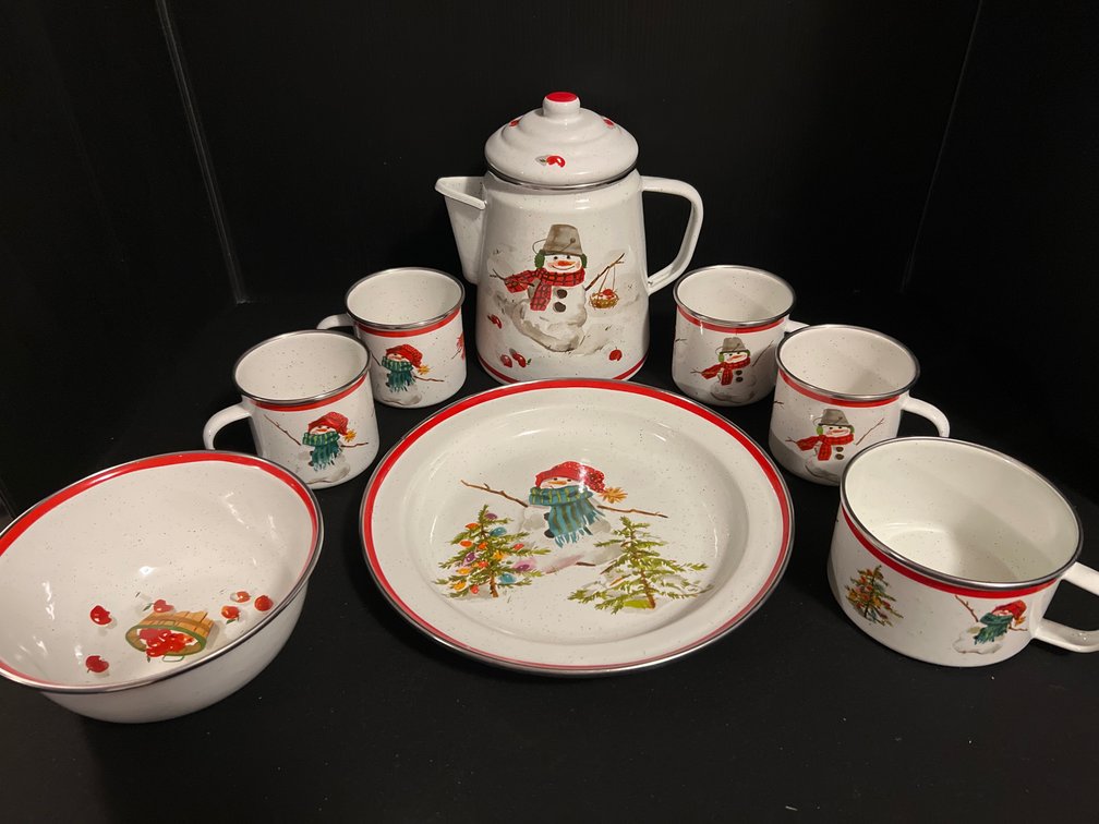 Hallmark Mitford Snowman Enamelware Set