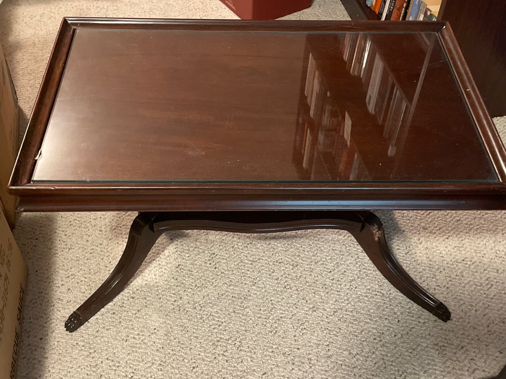 Dark Wood Coffee Table with Inset Glass Top and Claw Feet