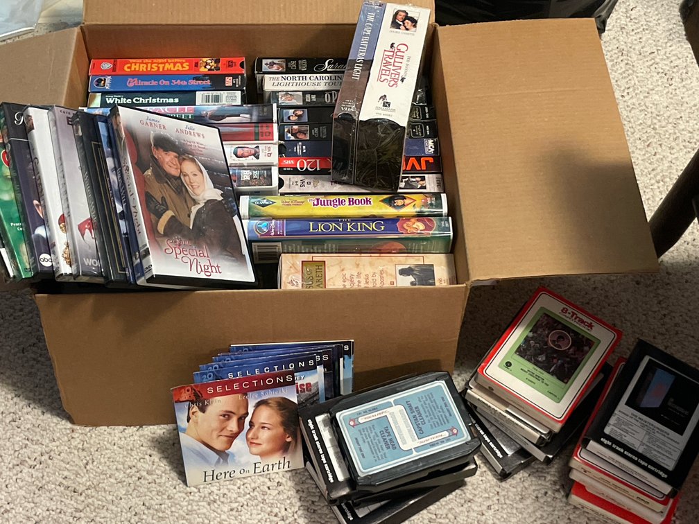 VHS Tapes, Movie DVDs, and 8-Track Tape Cartridges
