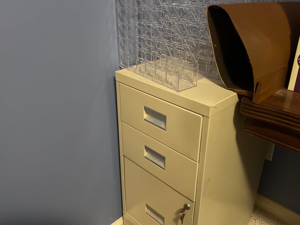 Three-Drawer Metal Filing Cabinet with Contents