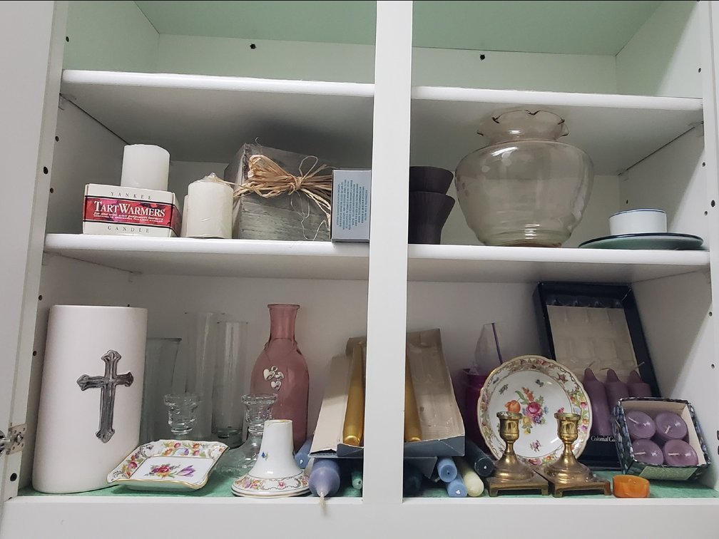 Brass Candlesticks, Glassware, Ceramics, and Candles