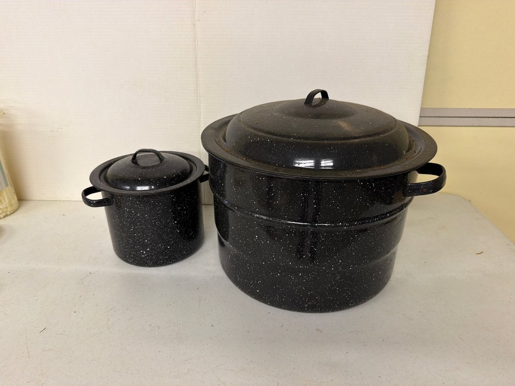 Black Speckled Enamelware Canning Pot and Stockpot with Lids